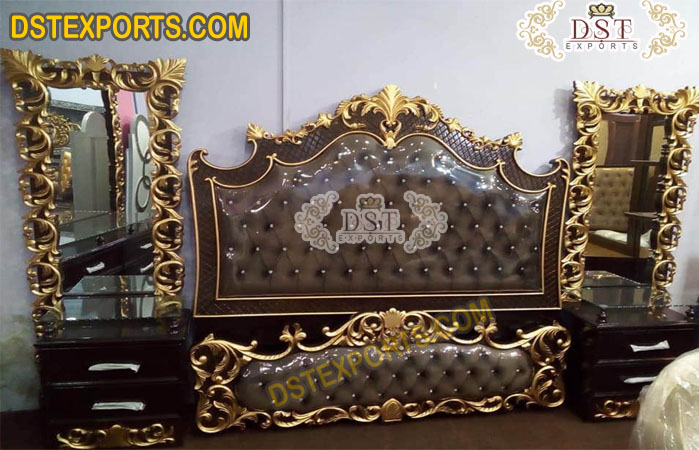 Royal Antique Carved Gold Bed With Side Table
