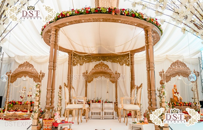 Elegant Triple Pillars Wedding Wooden Mandap