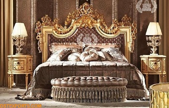 King Size Gold Carved Bed With Nightstands